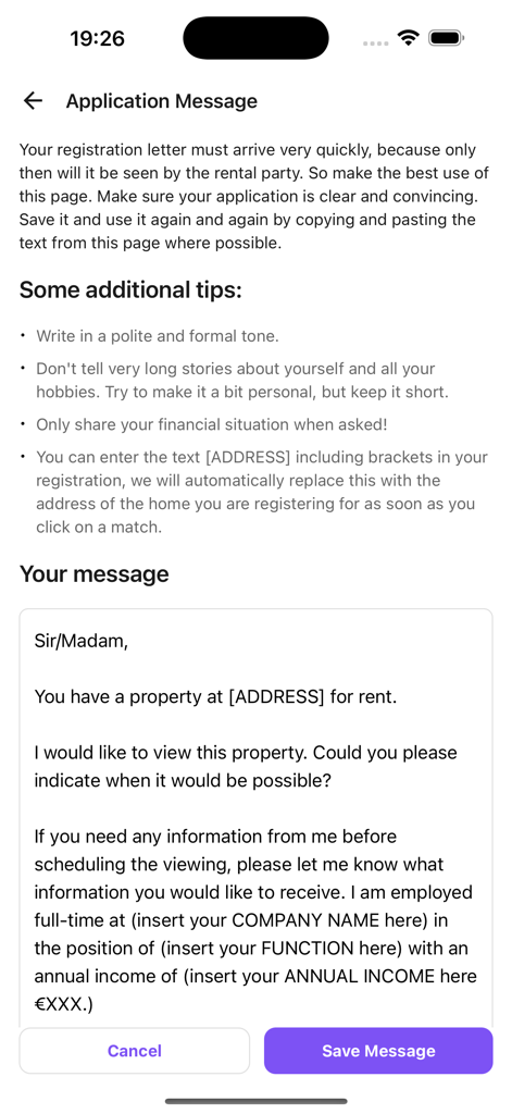 RentSlam - RentSlam app screen showing a customizable rental application message template and writing tips