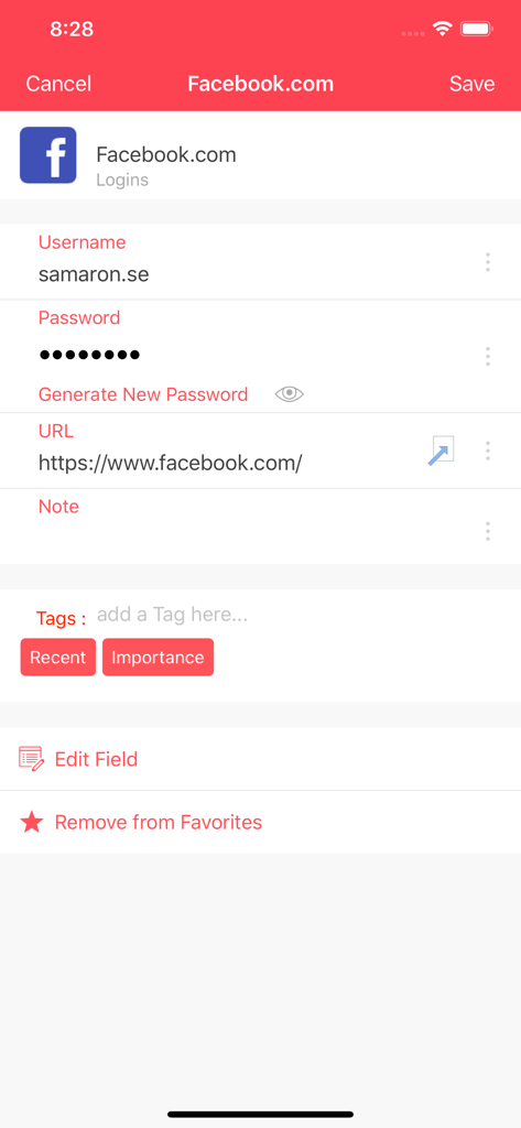 Secure Facebook login details screen in the Password Goo app