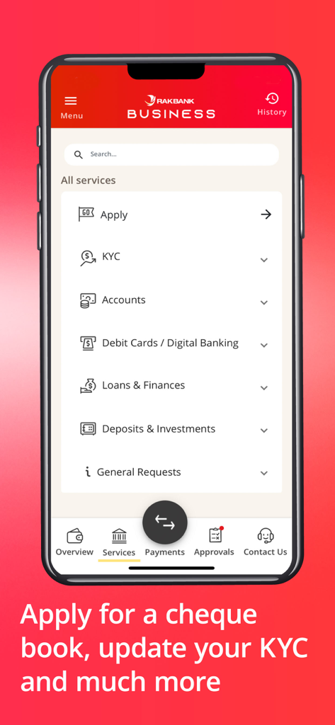 RAKBANK Business - RAKBANK Business mobile app services screen for KYC and account requests