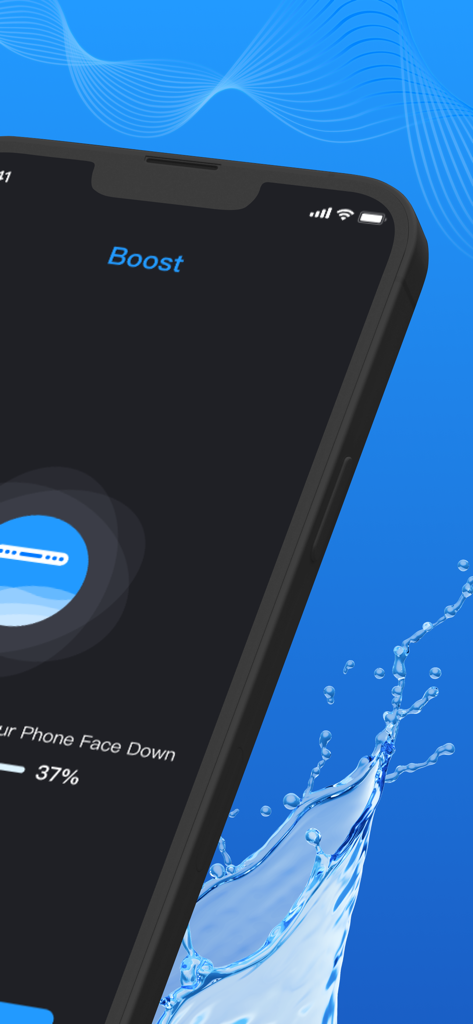 Clear Sound: Speaker Cleaner - Interfaz de la aplicación Clear Sound que muestra el progreso de limpieza de altavoces con un fondo de salpicadura de agua