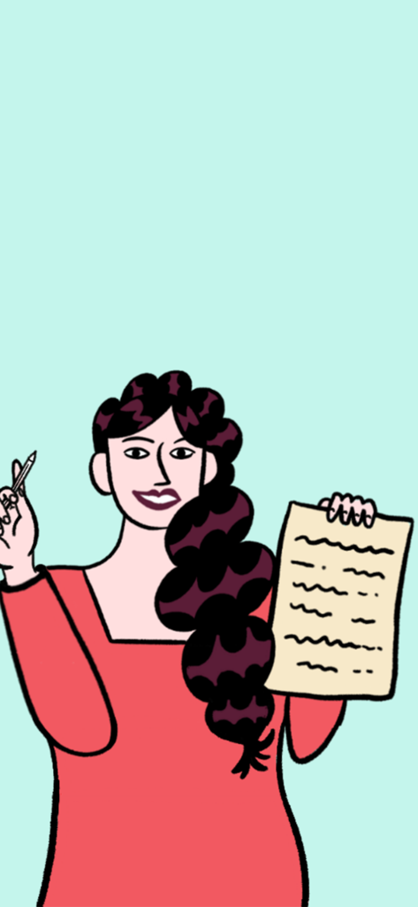 Frantastique Orthographe - Cartoon-Frau, die Stift und Papier für französische Rechtschreib- und Grammatikstunden hält