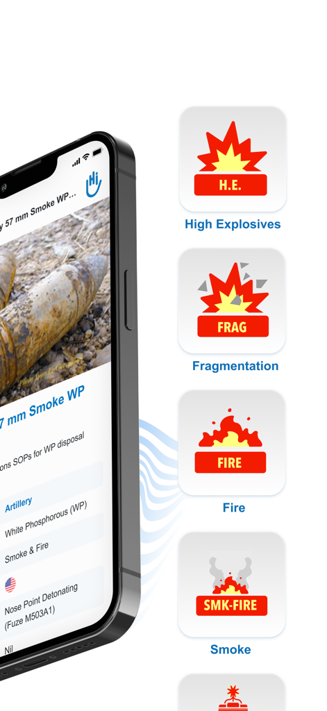 HI-EO - Interface of the HI-EO app showing explosive ordnance details and classification icons for high explosives, fragmentation, fire, and smoke hazards.