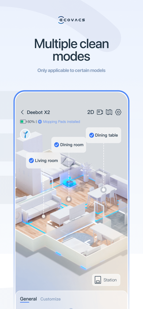 Interface de l'application ECOVACS HOME affichant la cartographie 3D de la maison et les modes de nettoyage personnalisés pour l'aspirateur robot Deebot