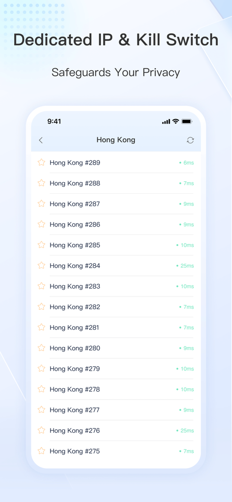 FlyVPN app interface showing a list of dedicated Hong Kong servers with low ping rates for fast connection and privacy protection.