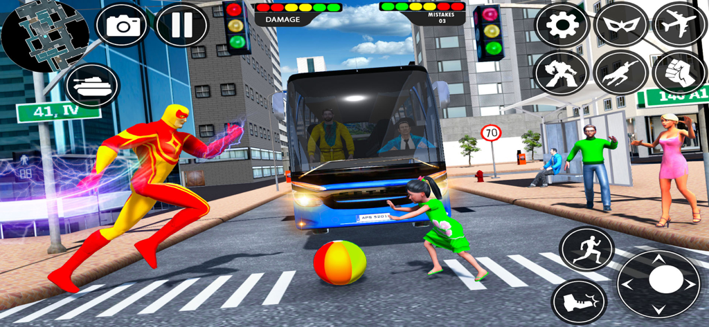 Spider Hero Games - Rope Hero - A red and yellow superhero running through a city street near a bus and a child.