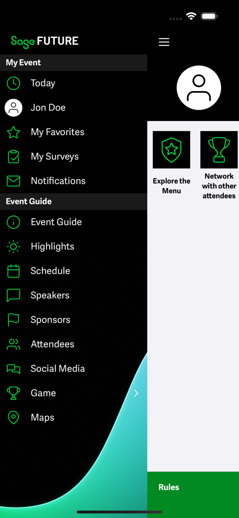 Sage Future Atlanta - Side navigation menu of the Sage Future Atlanta app displaying options for schedule, speakers, and networking.