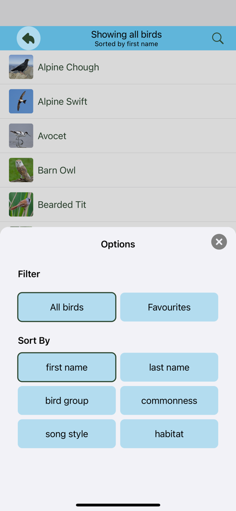 Options menu for filtering and sorting bird species in the Chirp app