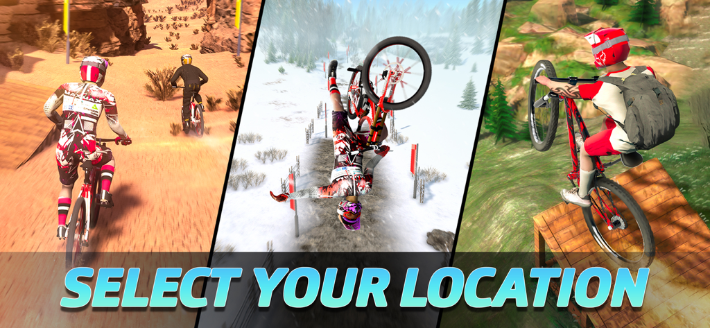 BMX bike race selection screen with desert snow and forest locations