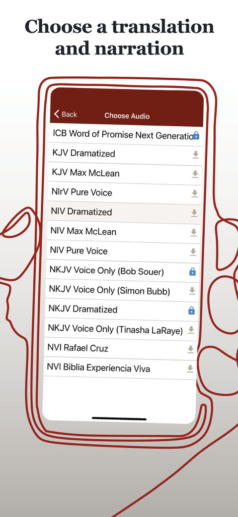 A menu showing different Bible translations and narration styles like Dramatized and Voice-only options.