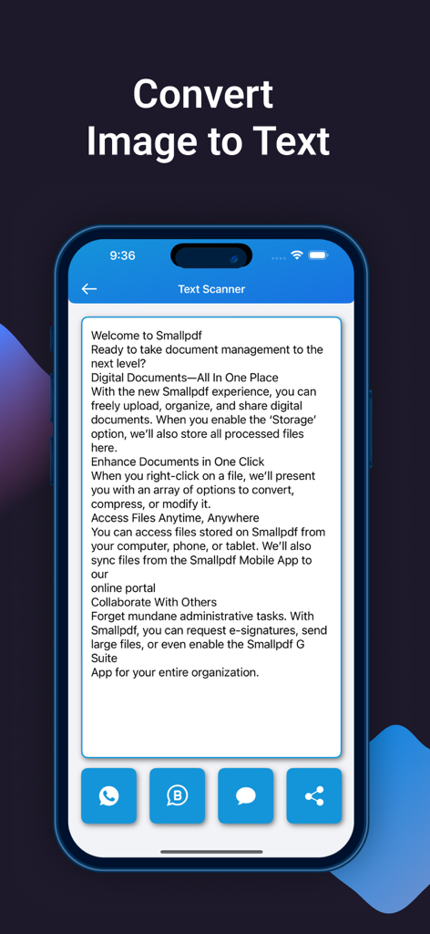 PDF Compressor: Scan & Edit - Display di uno smartphone che mostra la funzionalità scanner da immagine a testo all'interno dell'app Compressore PDF