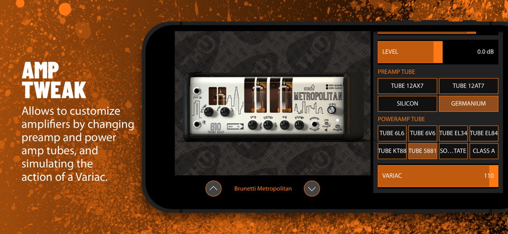 Overloud THU - Interfaz de Overloud TH-U que muestra la función Amp Tweak con ajustes de válvula y variac para un amplificador de guitarra