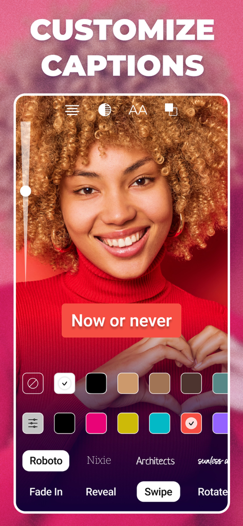 Interfaz de la aplicación móvil mostrando varias herramientas para personalizar colores, fuentes y animaciones de subtítulos de vídeo