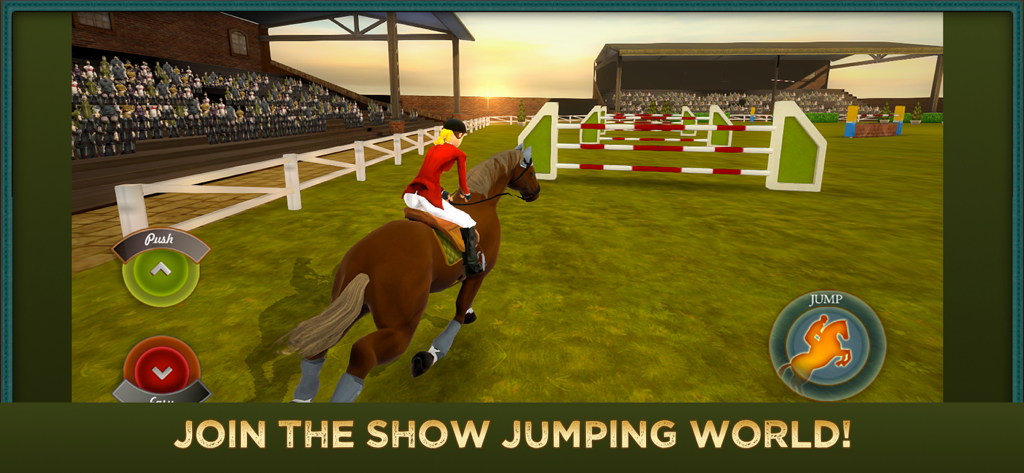 Jumping Horses Champions 2 - A brown horse and rider preparing to clear a hurdle in a show jumping competition arena