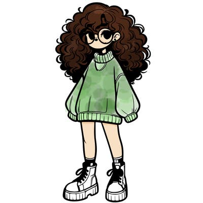 a realistic girl with curly hair in a oversized sweater with glasses and platform sneakers