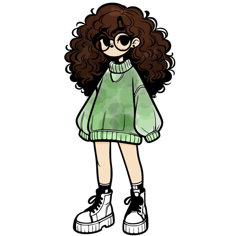 a realistic girl with curly hair in a oversized sweater with glasses and platform sneakers