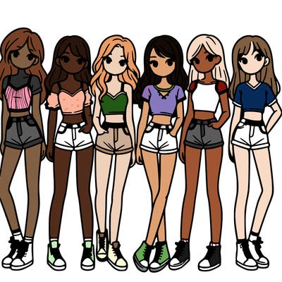 a group of girls wearing crop tops and shorts
