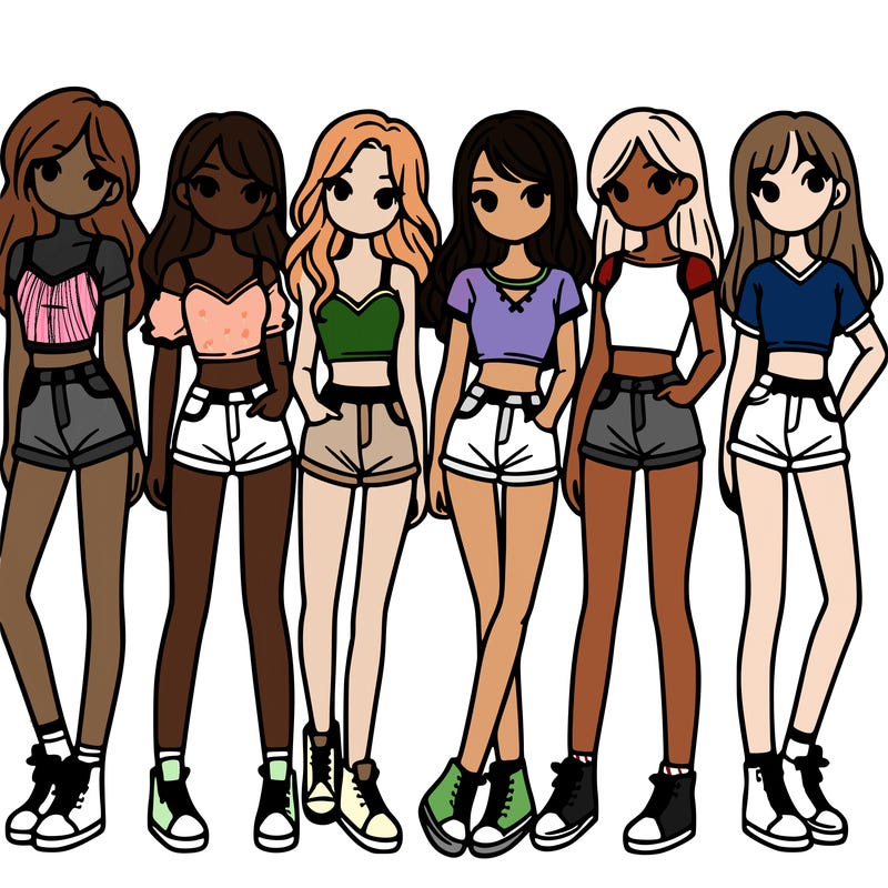 a group of girls wearing crop tops and shorts