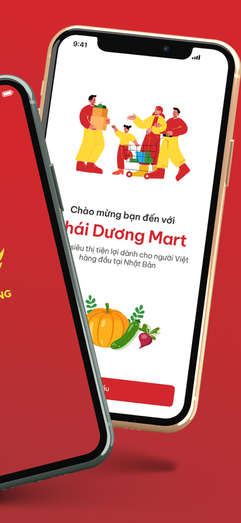 Thai Duong Mart - Thai Duong Mart mobile app welcome screen featuring an illustration of a family shopping for groceries