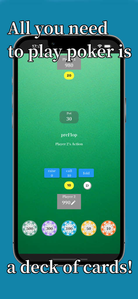 Poker Chips Anywhere - Interface of the Poker Chips Anywhere app on a smartphone showing digital chips and game buttons like raise, call, and fold on a green table background.