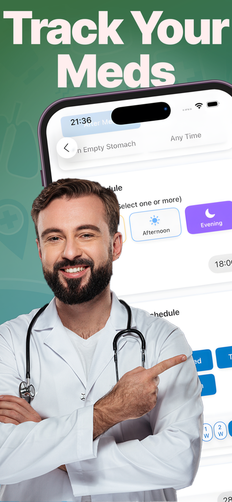 Um médico de jaleco branco apontando para um smartphone exibindo a interface de agendamento de medicamentos do aplicativo MedTracker.