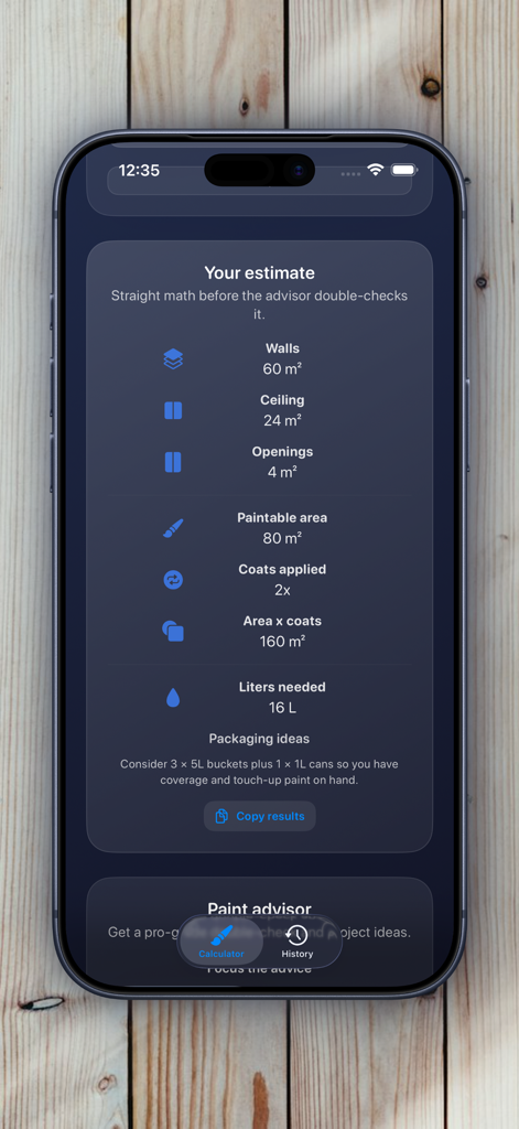 Paint Advisor: Calculator - Résumé détaillé du calcul de la peinture montrant la surface, les couches et les litres nécessaires pour un projet.