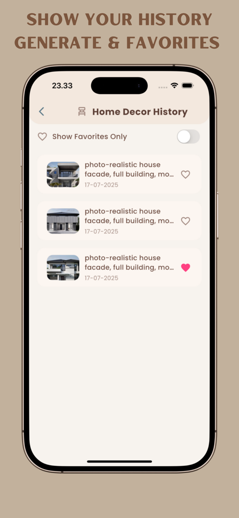 AI Home Design Landscape - AI Home Design Landscape app screen displaying a history of generated home exterior designs and favorite options