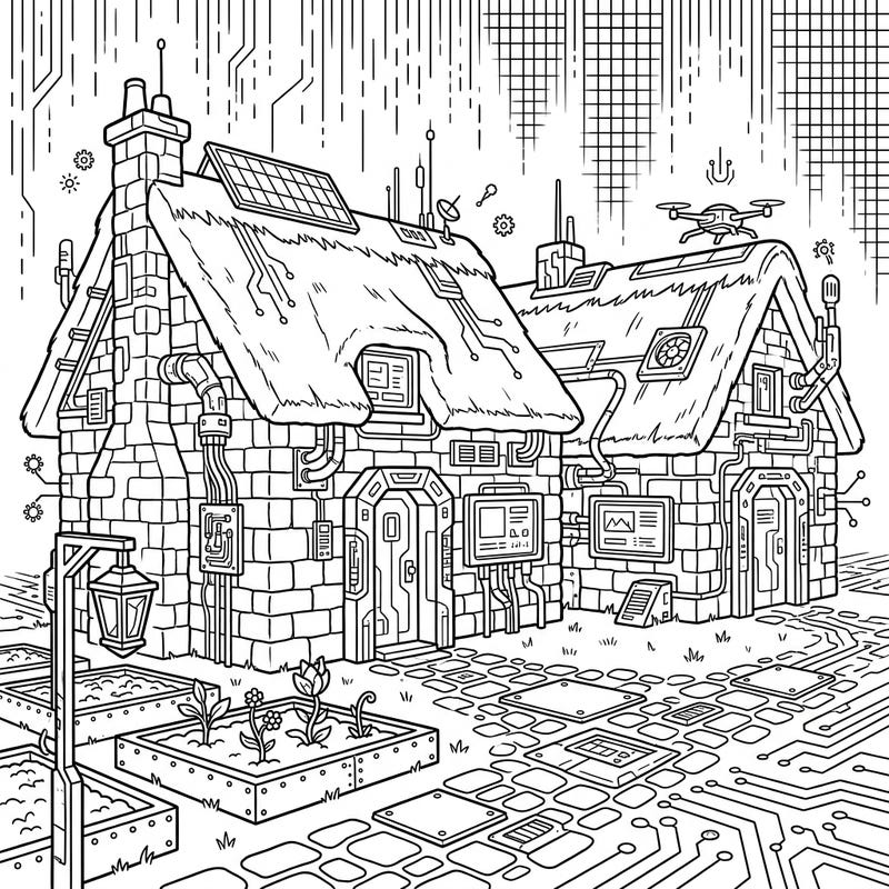Discover a unique blend of old-world charm and futuristic tech with this captivating coloring page. A traditional stone cottage is reimagined with intricate cyberpunk elements, offering a truly original artistic experience for colorists.
