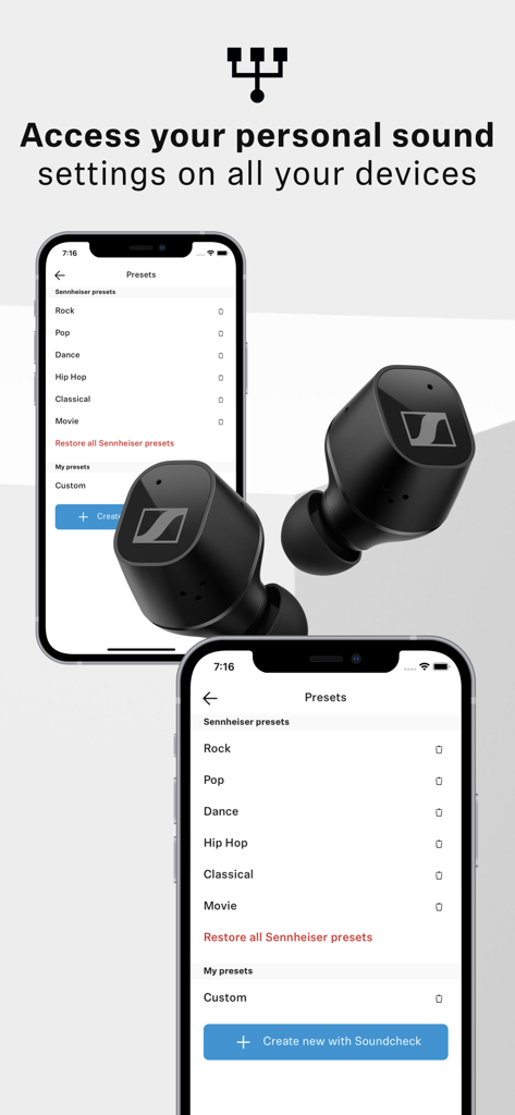 Sennheiser Smart Control - Aplicación Sennheiser Smart Control mostrando ajustes de sonido preestablecidos en un iPhone junto a auriculares inalámbricos
