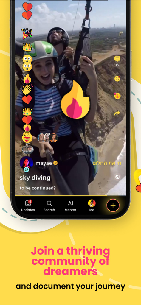 Dreemz - Pantalla de la aplicación Dreemz que muestra un video de un usuario saltando en paracaídas con reacciones sociales y una indicación de la comunidad