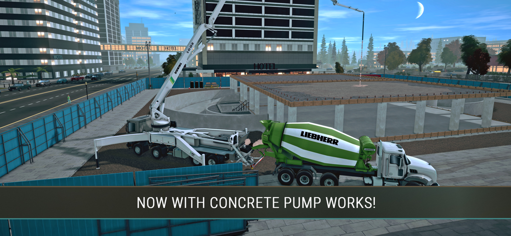 A Liebherr concrete mixer truck and a Schwing concrete pump working together on a city construction site in Construction Simulator 4 Lite