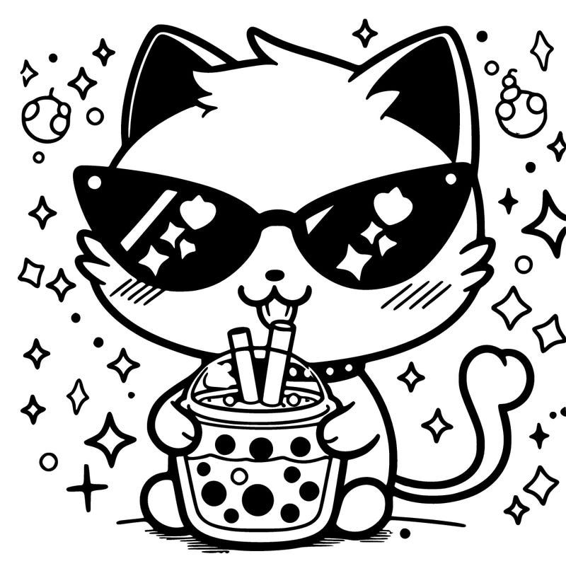 cute anime kitten drinking boba 🧋 with sunglasses