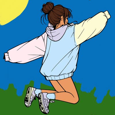 realistic girl jumping with a bun and oversized sweatshirt