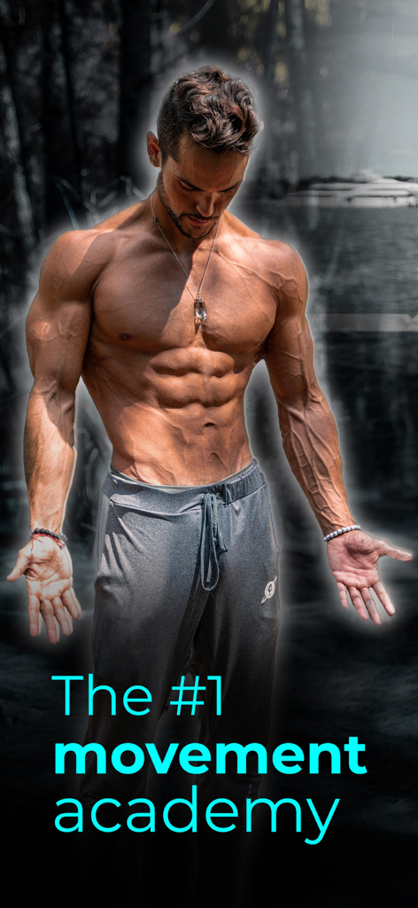 A muscular male athlete representing the Saturno Movement fitness app with text saying The #1 movement academy
