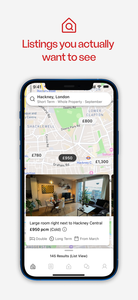 Friends of Friendz - Interface do aplicativo móvel mostrando listagens de quartos disponíveis em um mapa em Hackney, Londres