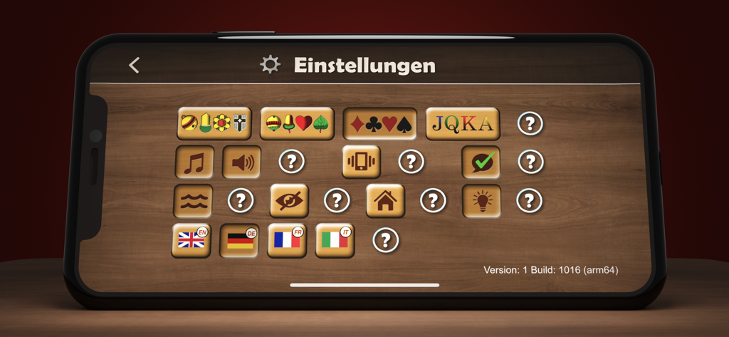 Settings screen of the Jassen Online app showing card deck styles and language options