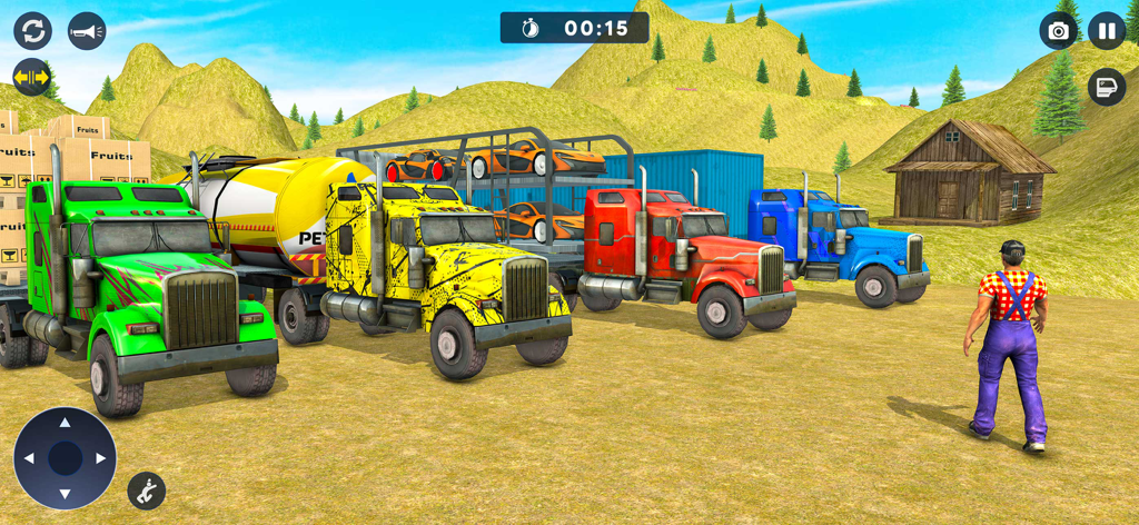 Offroad Cargo Truck Challenge - A variety of colorful cargo trucks parked in a mountainous offroad environment