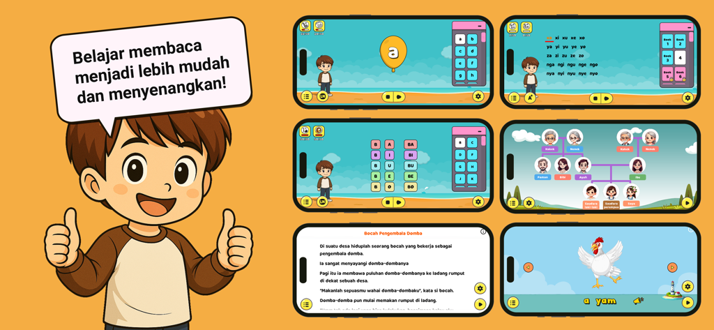 Pintar Yuk! - PAUD, TK & SD - Capturas de tela do aplicativo educacional Pintar Yuk apresentando lições de leitura, exercícios de fonética e uma árvore genealógica para crianças