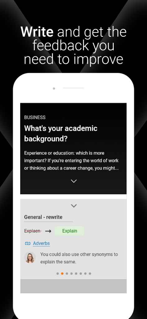 Interfaz de la app Speexx que muestra práctica de redacción de negocios con retroalimentación personalizada y correcciones gramaticales