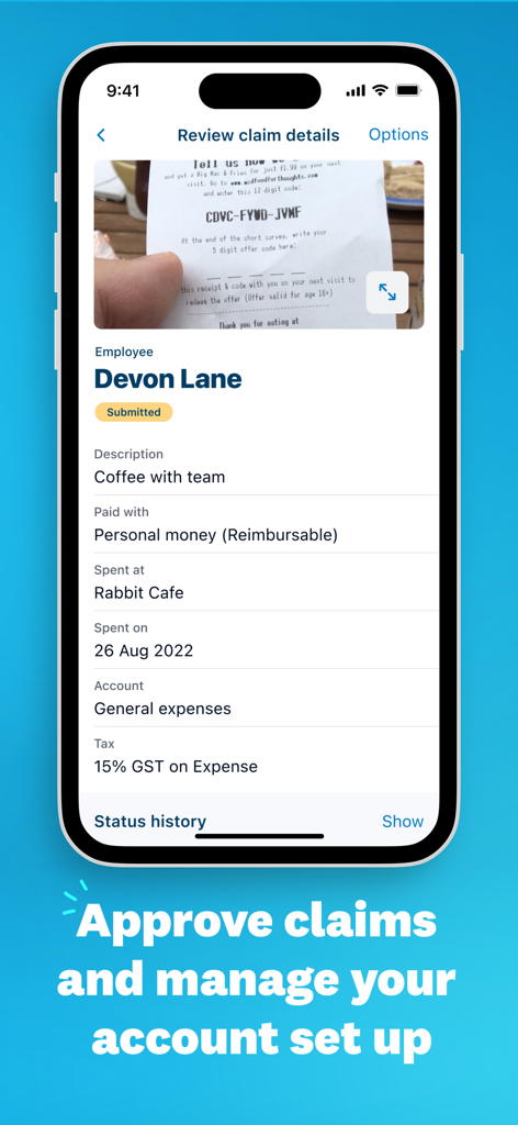 Xero Me - App Xero Me che mostra la revisione di una richiesta di rimborso spese inviata con l'immagine di una ricevuta