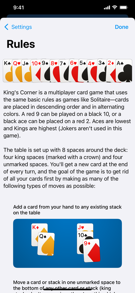 King's Corner - A screen displaying the rules and gameplay mechanics for the King's Corner card game.