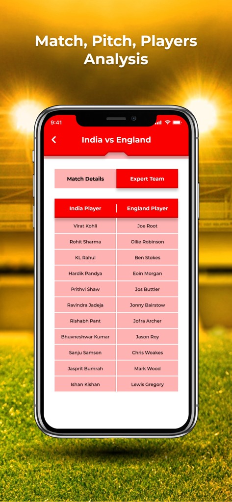Una pantalla móvil que muestra una comparación de jugadores de cricket de India e Inglaterra para análisis de partidos y selección de equipos de fantasía.