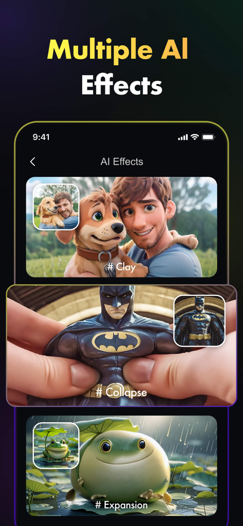 Visto: AI Video Photo Creator - A mobile app screen titled Multiple AI Effects showing Clay, Collapse, and Expansion video styles.