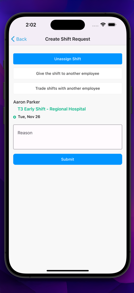 StaffReady mobile app interface for creating a shift request including options to unassign give or trade shifts