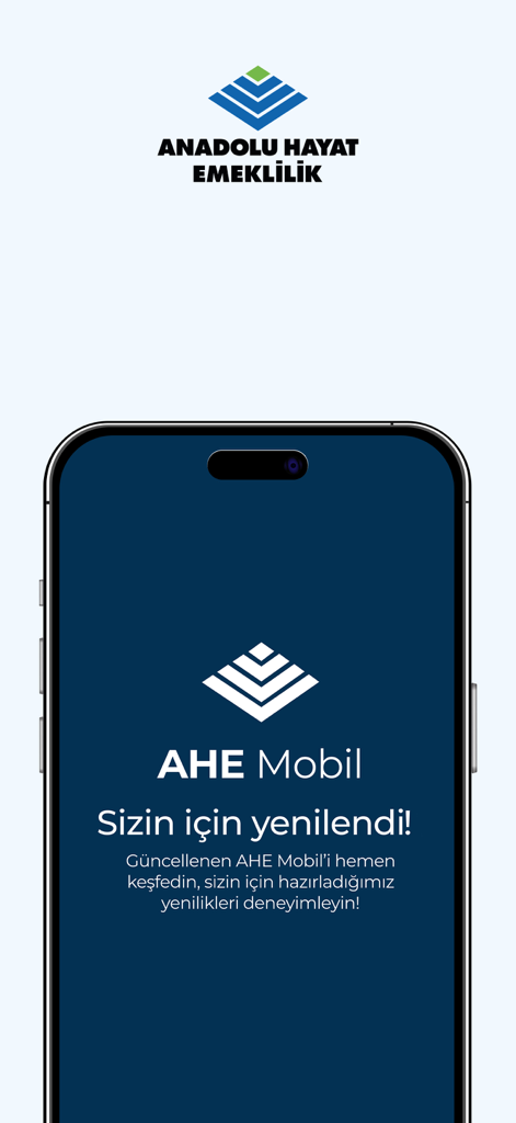 AHE Mobil finance app welcome screen by Anadolu Hayat Emeklilik on a smartphone