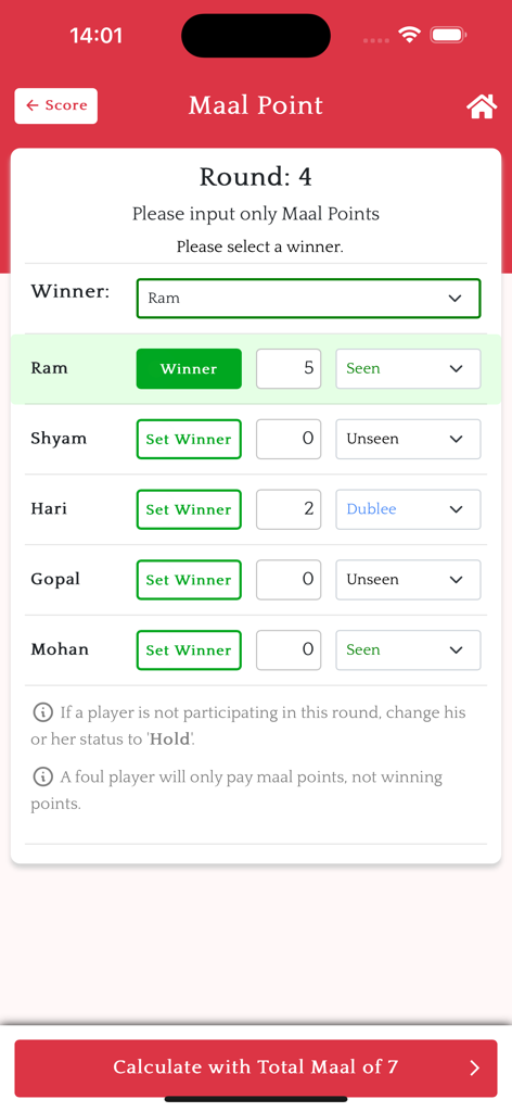 A screenshot of the MarriagePointCalculator app showing the Maal Point entry screen for round four with a list of players and their points