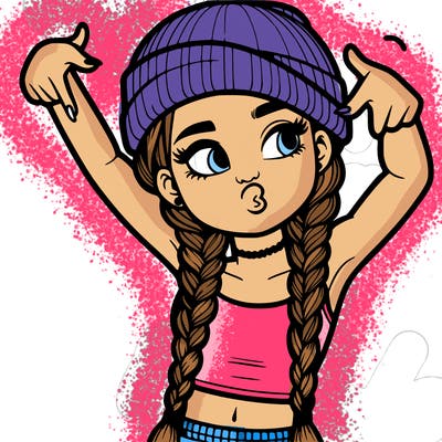 realistic teenage girl with braids and a beanie and crop top doing 🫶🏼
