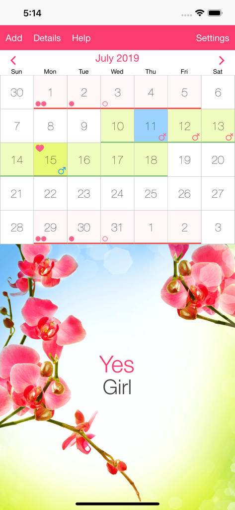 Fertility and Period Tracker - Fertility calendar interface showing menstrual cycle tracking and baby gender prediction results