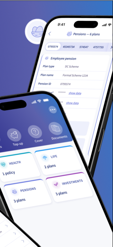 Mobile dashboard of MyIrishLife app showing sections for health life pensions and investment plans