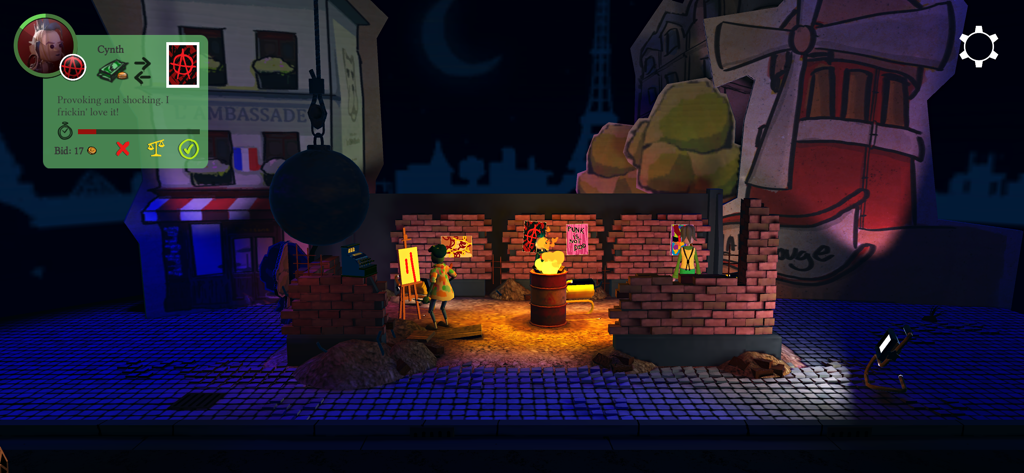 Passpartout: Starving Artist - A character selling a painting to a customer on a street at night in the game Passpartout Starving Artist.