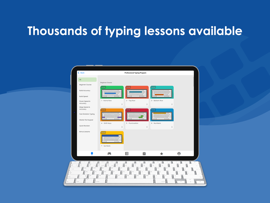 An iPad screen displaying the Typesy app's extensive library of touch typing lessons.